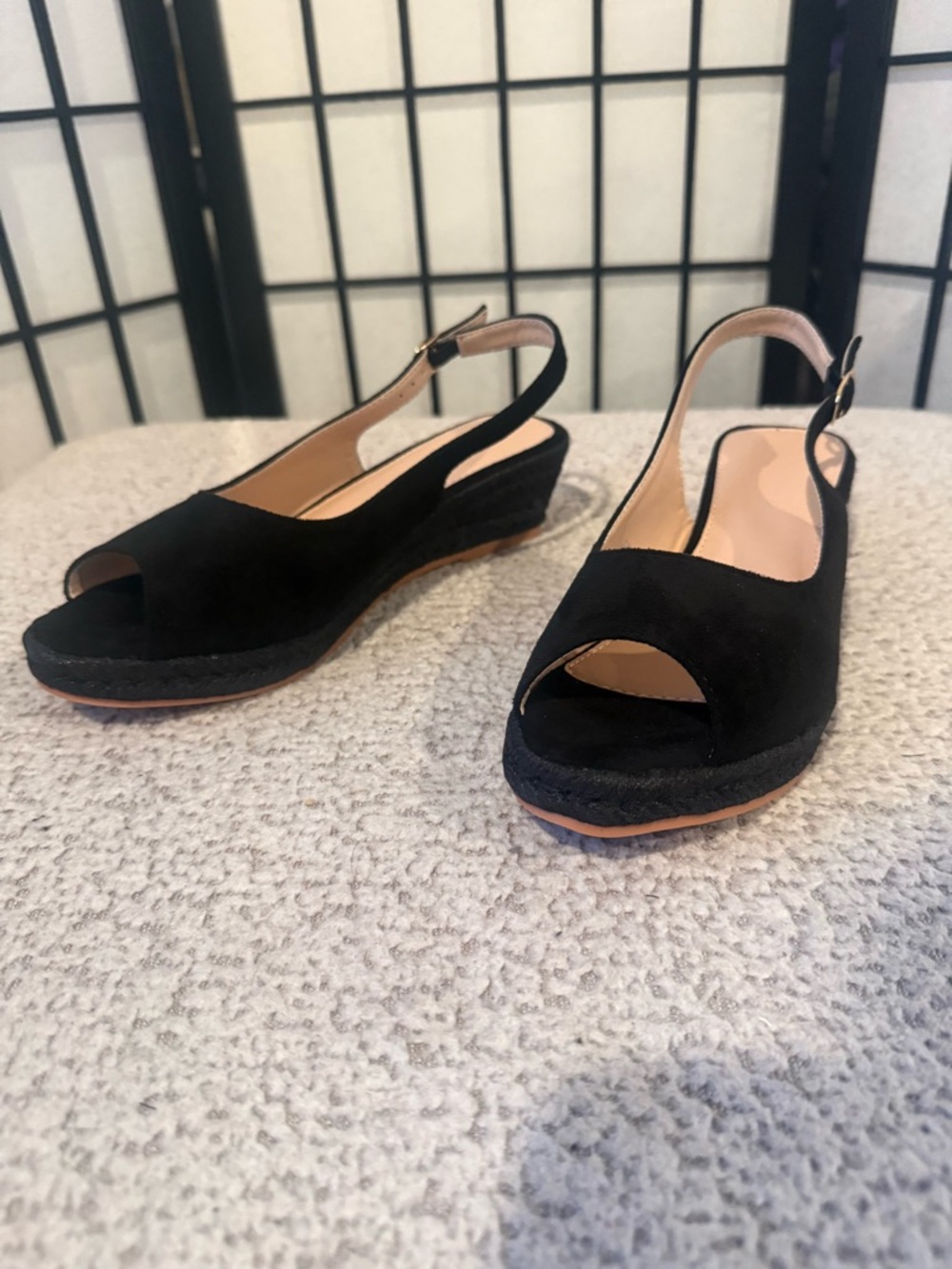 NEW Black Faux Suede Slingback Wedge Sandals EU 39 (US ~8 to 8.5) Peep Toe‎ NIB